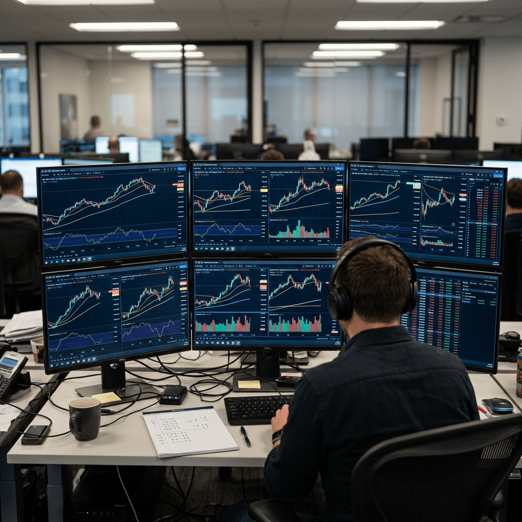 Person wearing headphones looking at six monitors displaying stock market charts and data