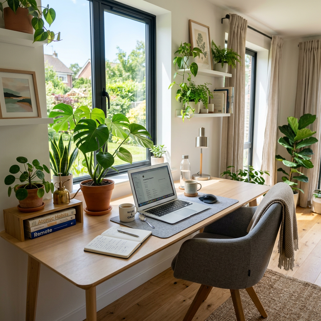 Home office desk with laptop, notebook, plants, and large windows