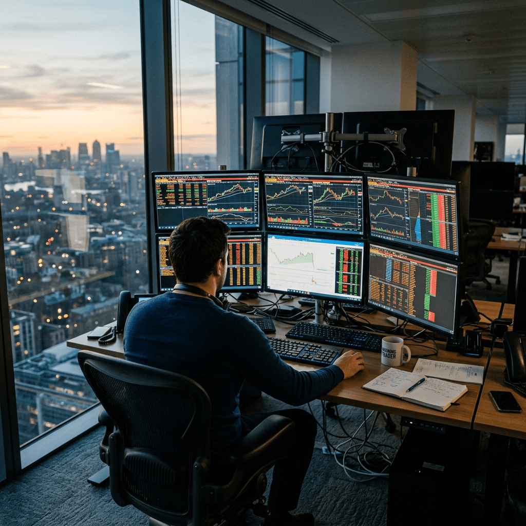 Person analyzing financial stock market data on six computer screens in office with city view at sunset.