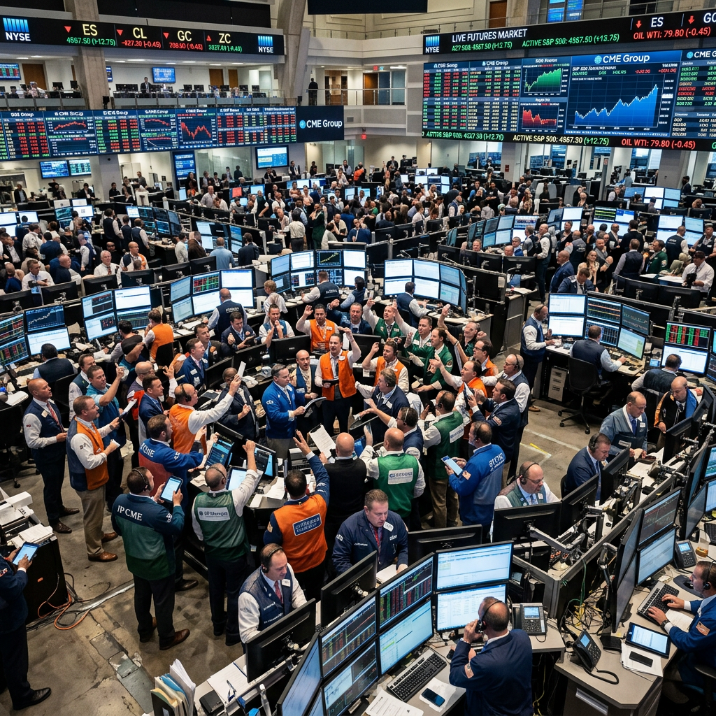 Crowded trading floor with numerous traders and multiple computer screens showing market data and graphs