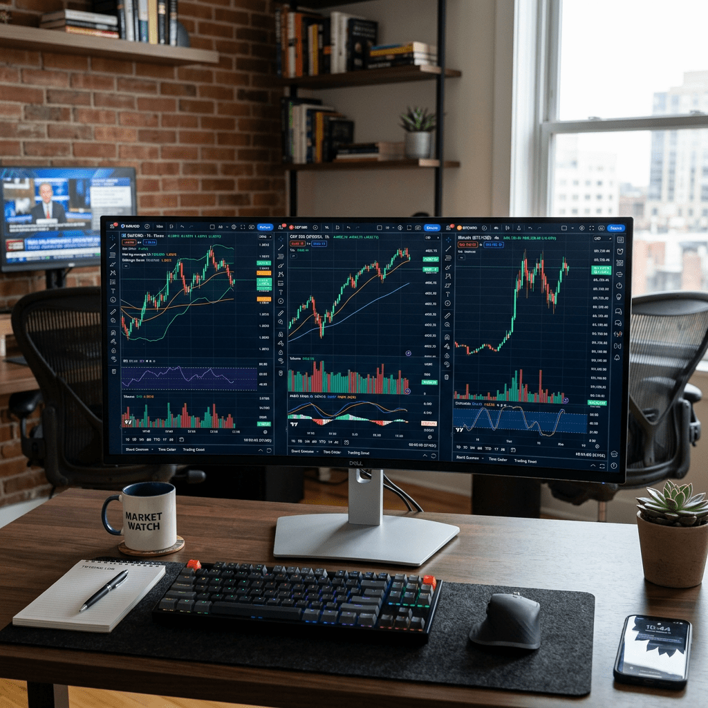 Triple monitor setup showing stock market charts on a desk with keyboard, mouse, notebook, coffee mug, and smartphone