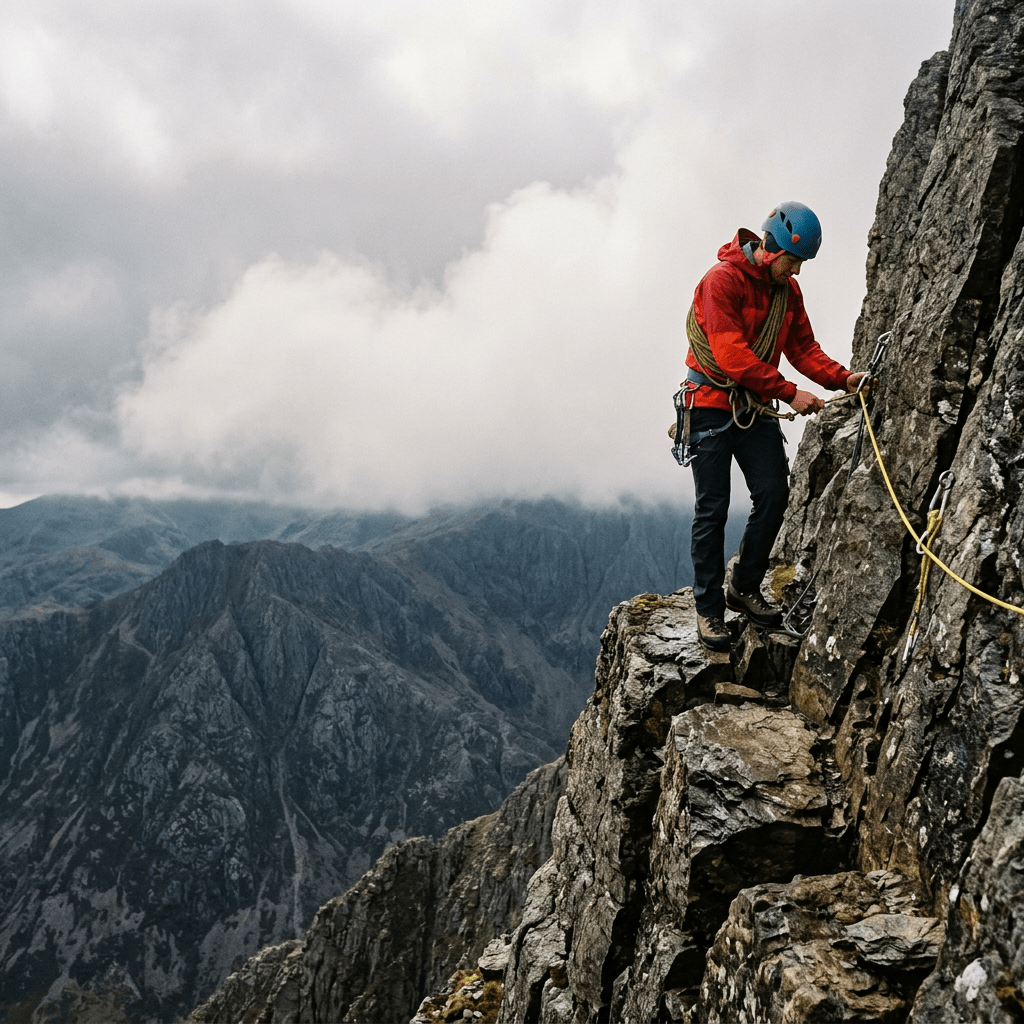 Climber in helmet and red jacket securing rope to rock face on a mountain