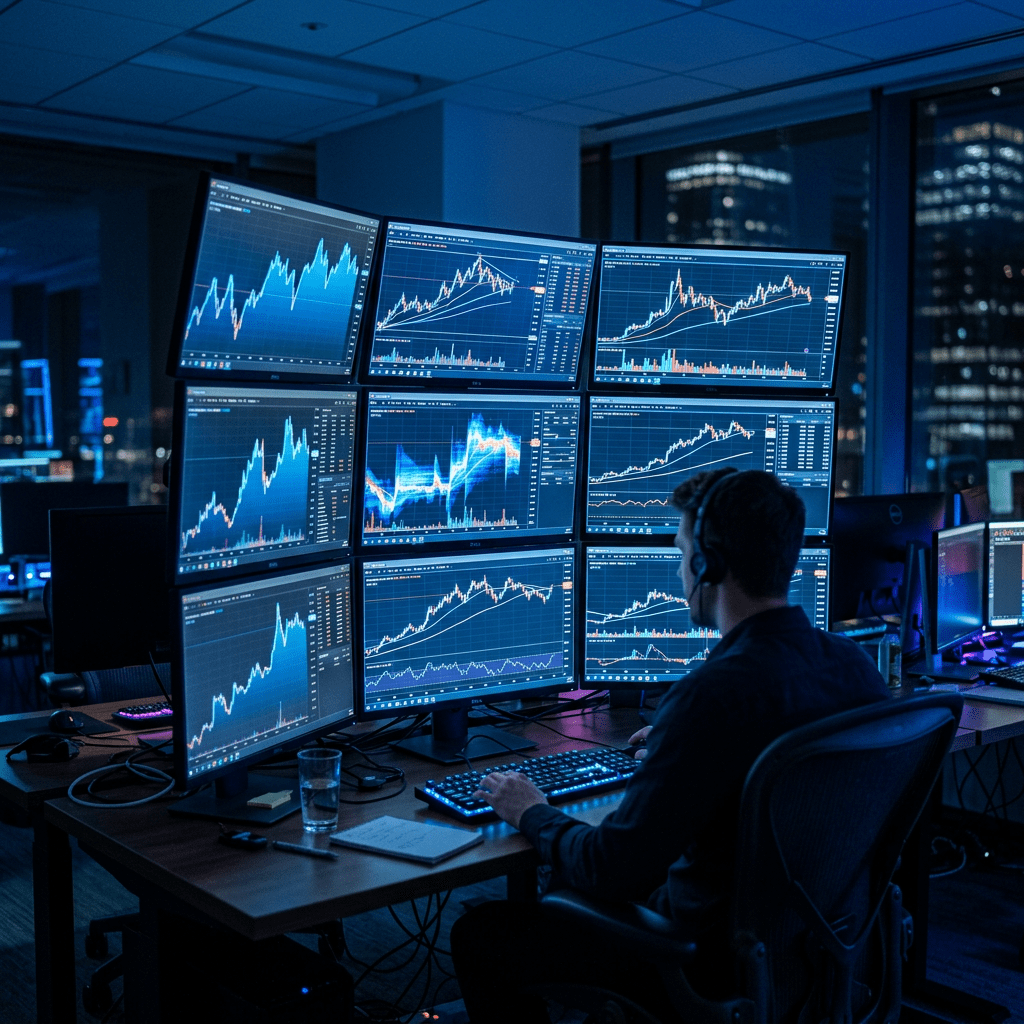Person sitting at desk with nine monitors showing financial charts and stock market data