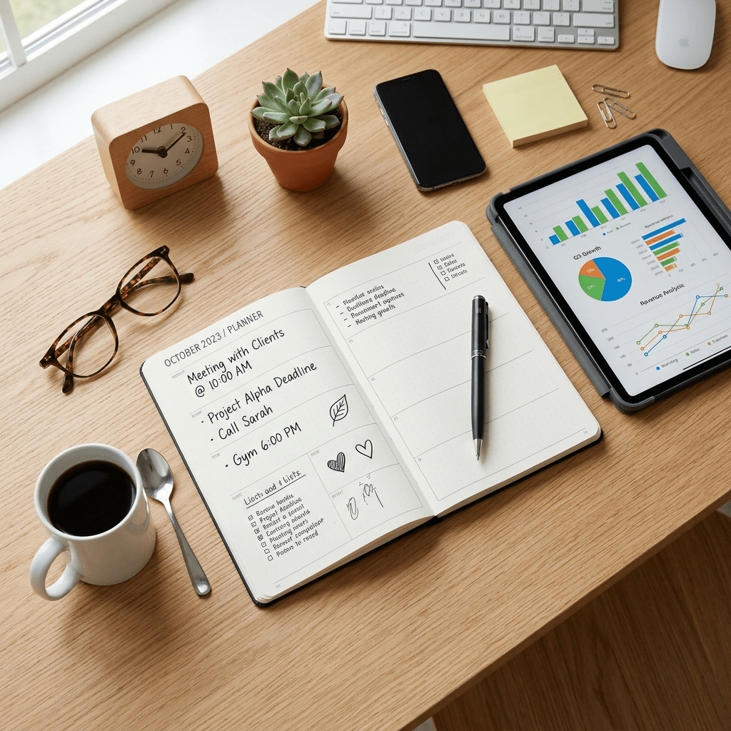 Desk with open planner showing notes and drawings, tablet with graphs, coffee cup, glasses, and plant