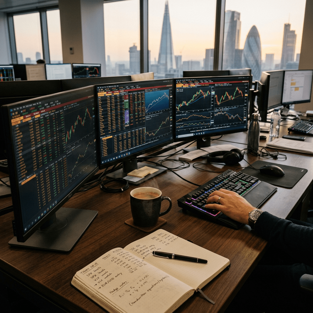 Multiple computer screens displaying stock market charts and financial data