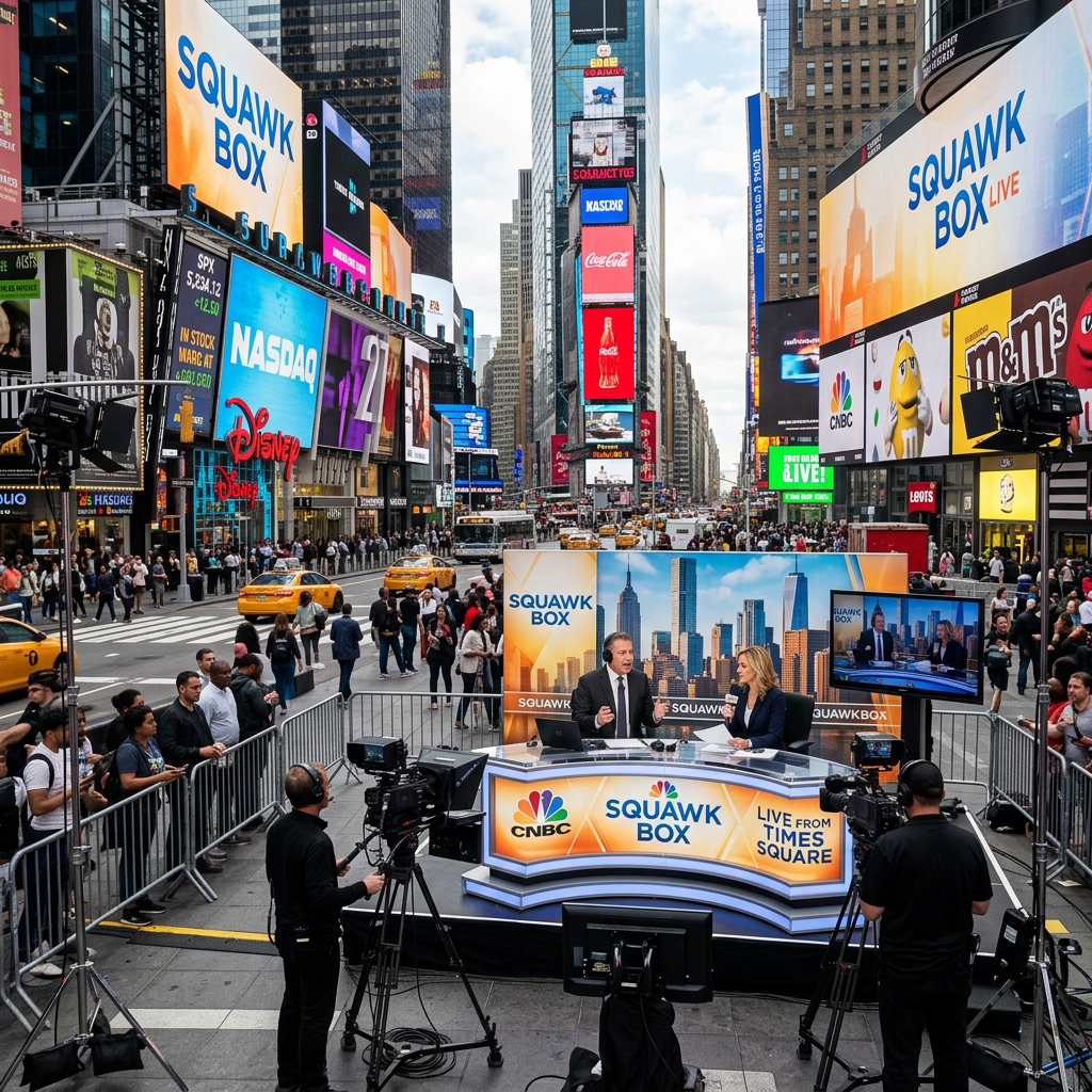Two CNBC anchors hosting Squawk Box live from Times Square with cameras and crowd around