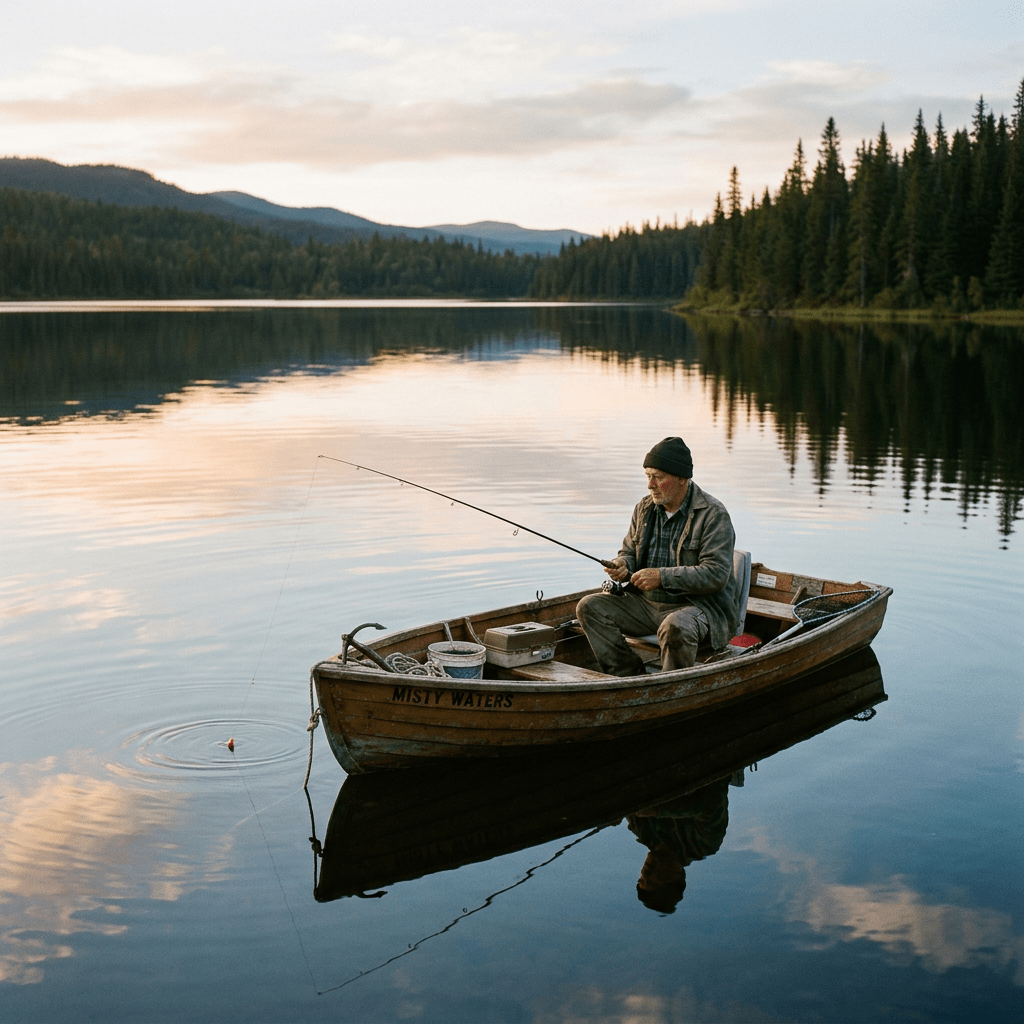 An elderly man fishing alone in a wooden boat on a calm lake during sunset