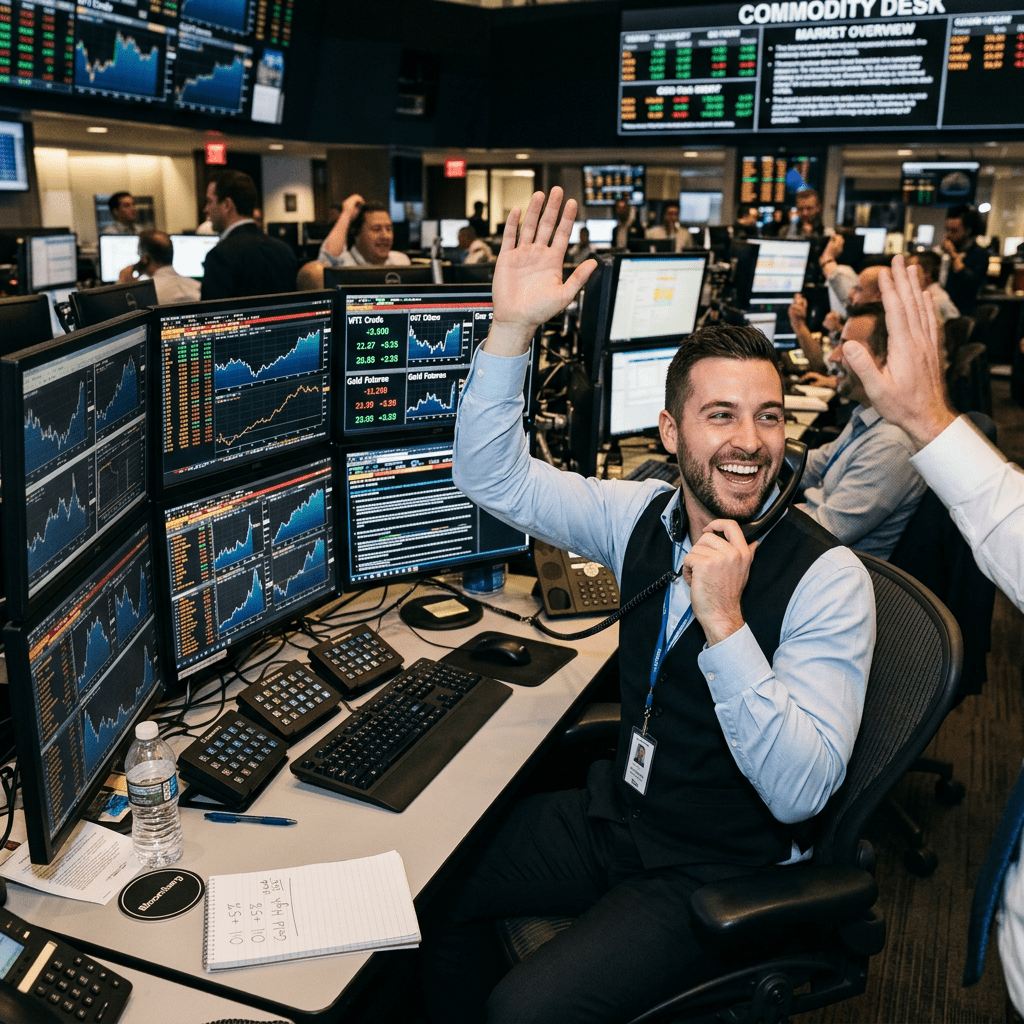 Trader on phone giving a high-five at a multiple-monitor trading desk displaying stock charts and data