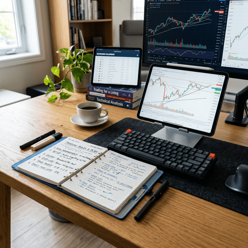 Trading workspace with multiple screens showing stock charts, an open notebook with trading plans, and a cup of coffee