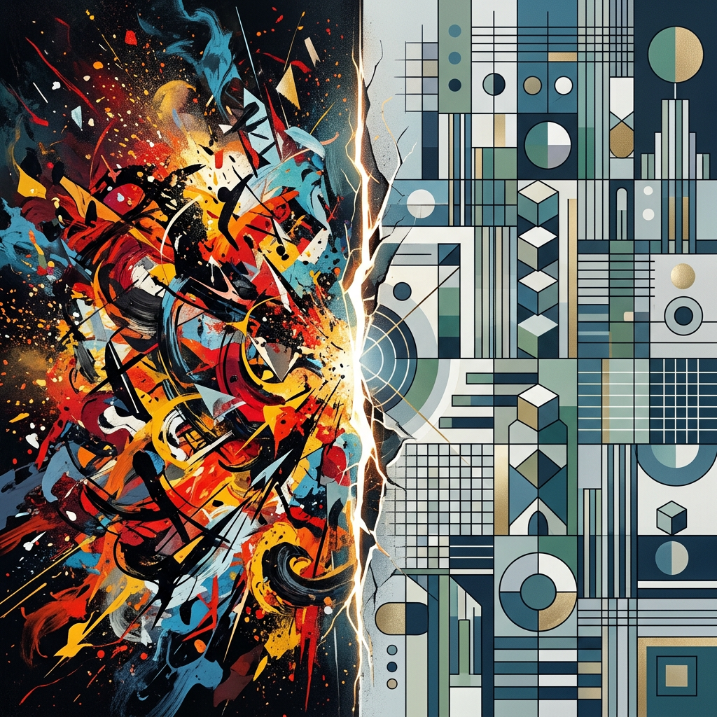 Abstract art showing dynamic colorful splashes colliding with orderly geometric patterns