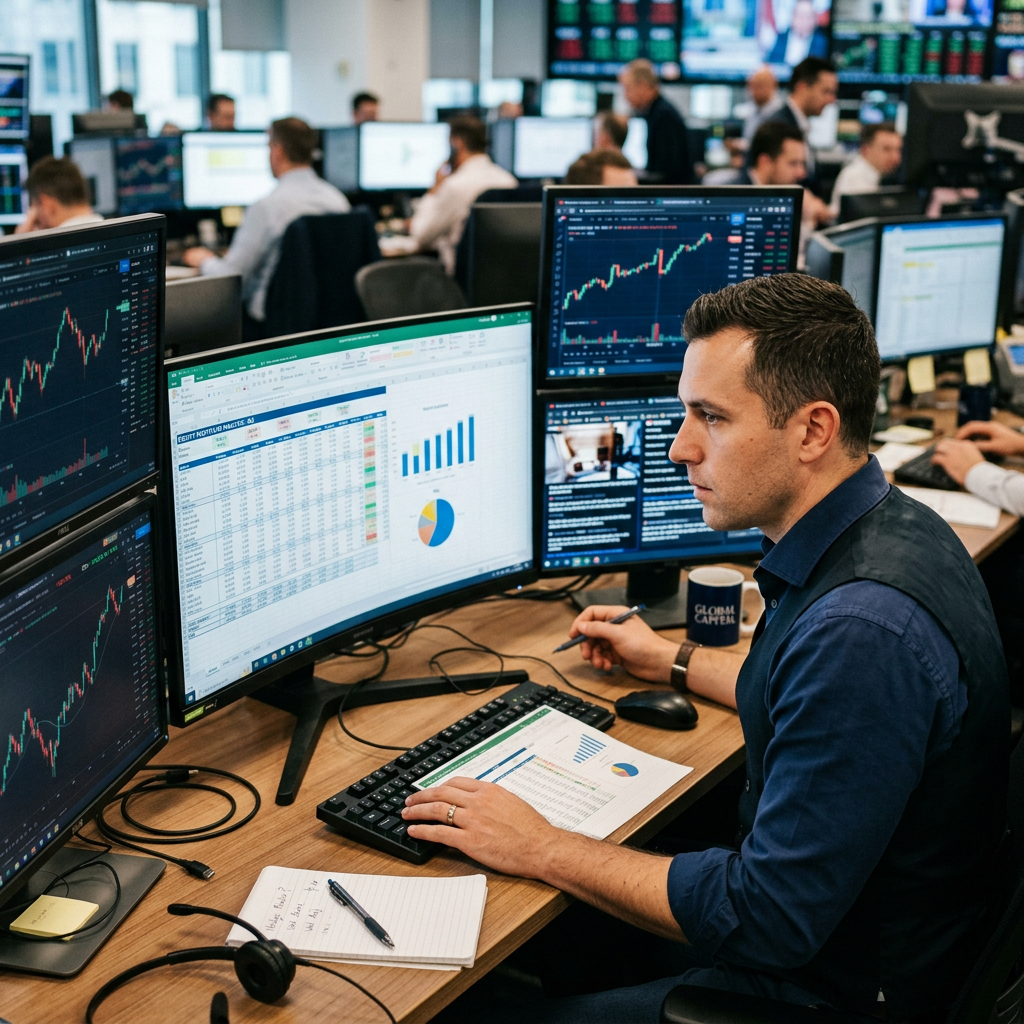 Financial analyst analyzing stock charts and financial spreadsheets on several computer monitors.