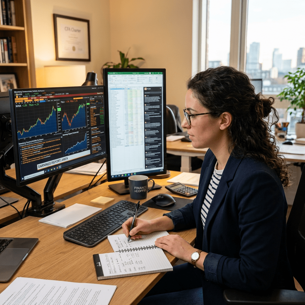 Financial analyst at desk analyzing stock market charts and spreadsheets on computer screens