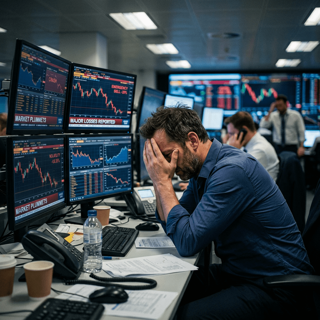 Trader with hands on face surrounded by screens showing market plummets and losses
