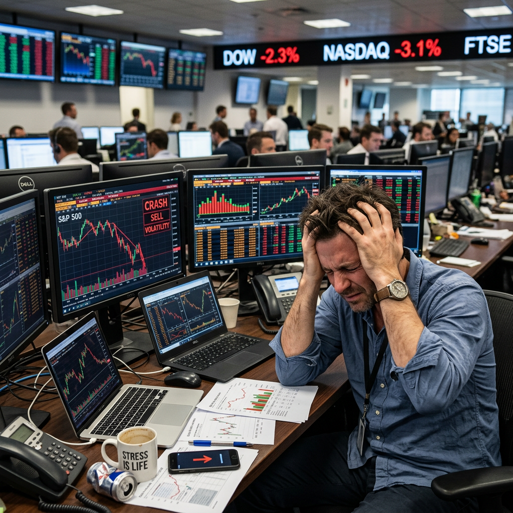 Stock trader clutching head amid multiple screens showing stock market crashes and volatility warnings