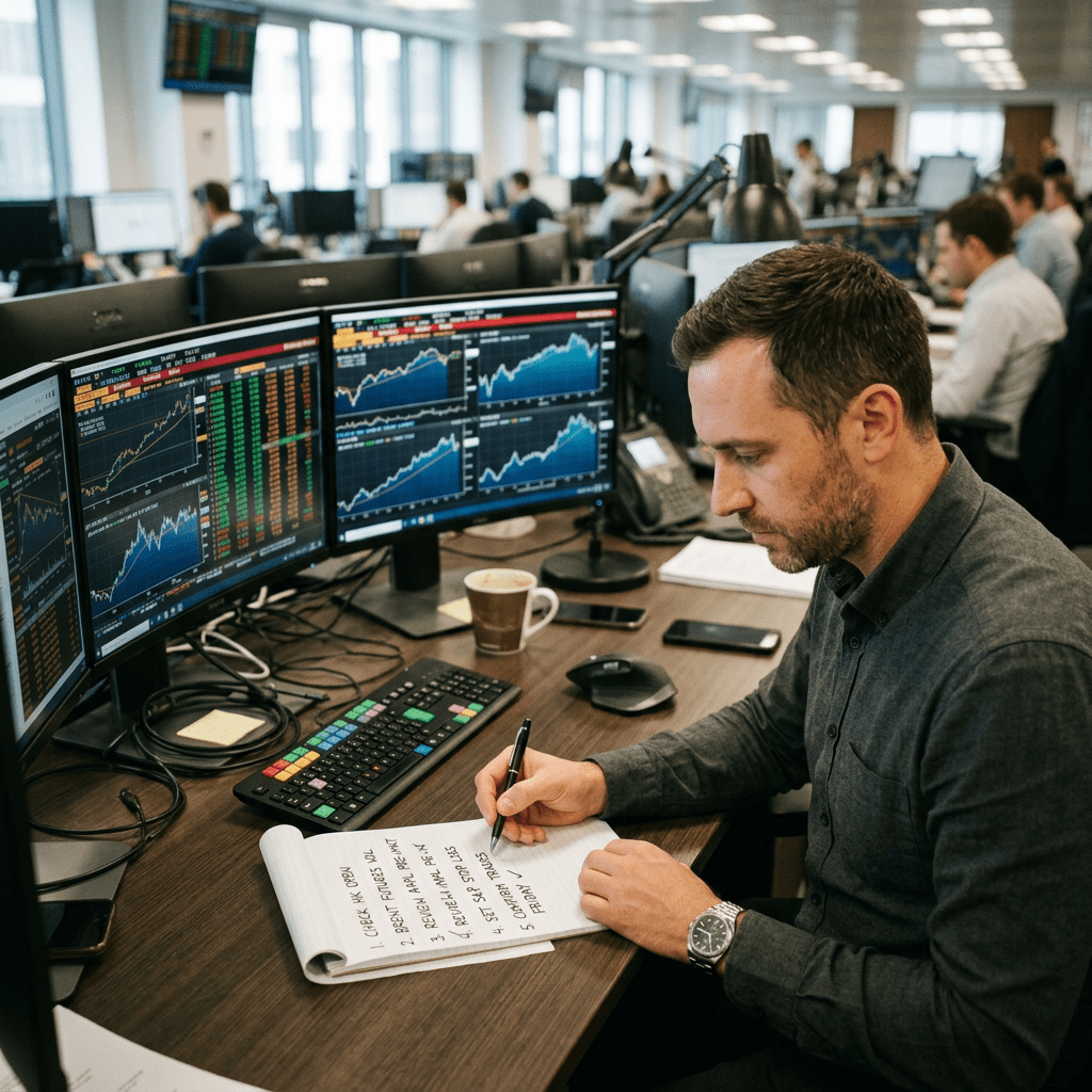 Man writing checklist at desk with financial data on multiple computer monitors