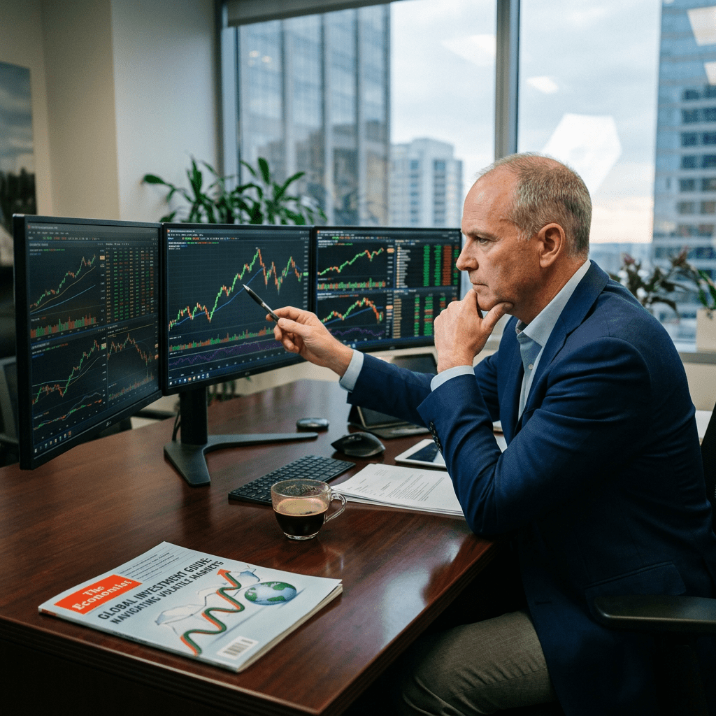 Man in blue suit looking at multiple monitors displaying stock market charts and data