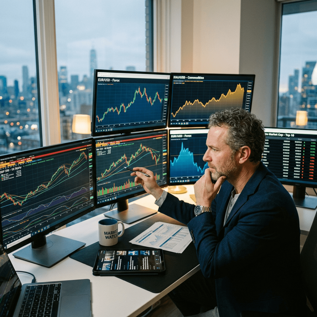 Man analyzing various financial market charts and data on multiple computer monitors