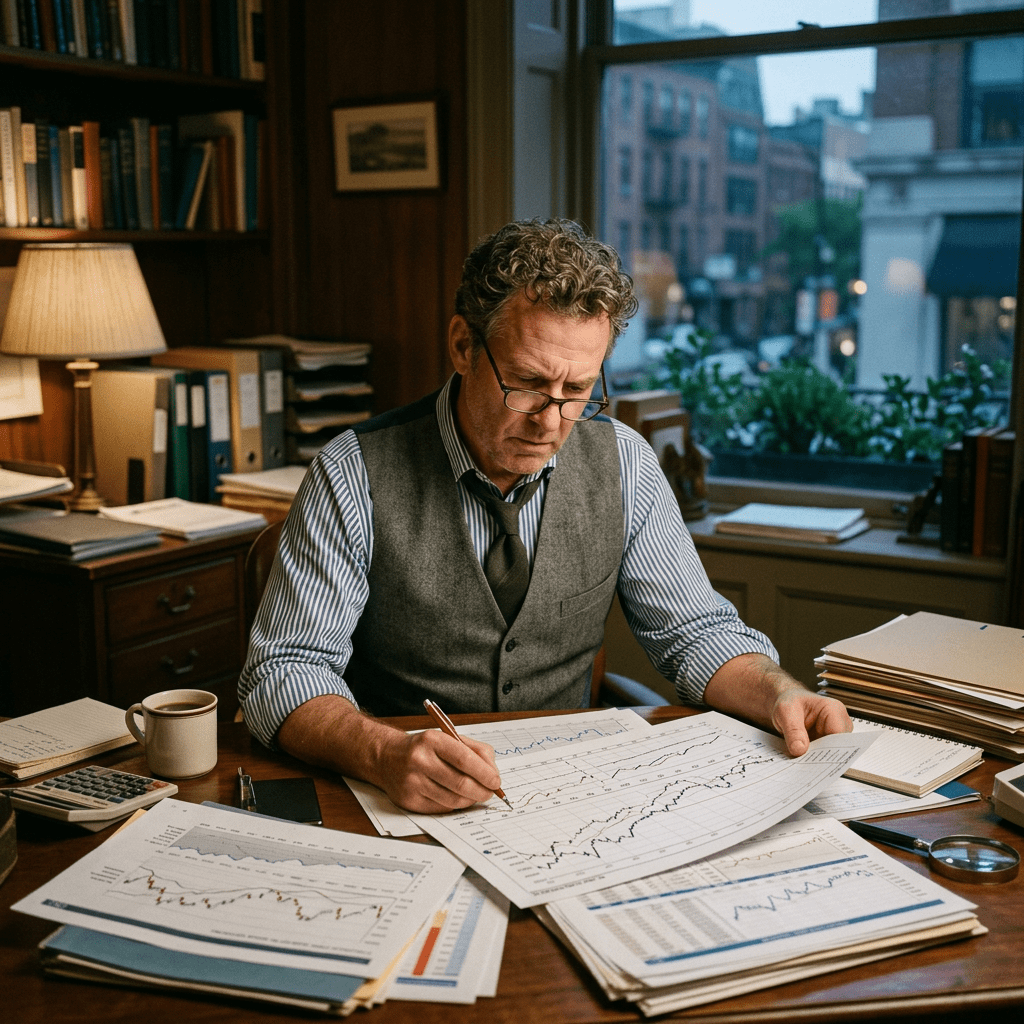 Man analyzing financial charts and graphs with a pen in hand